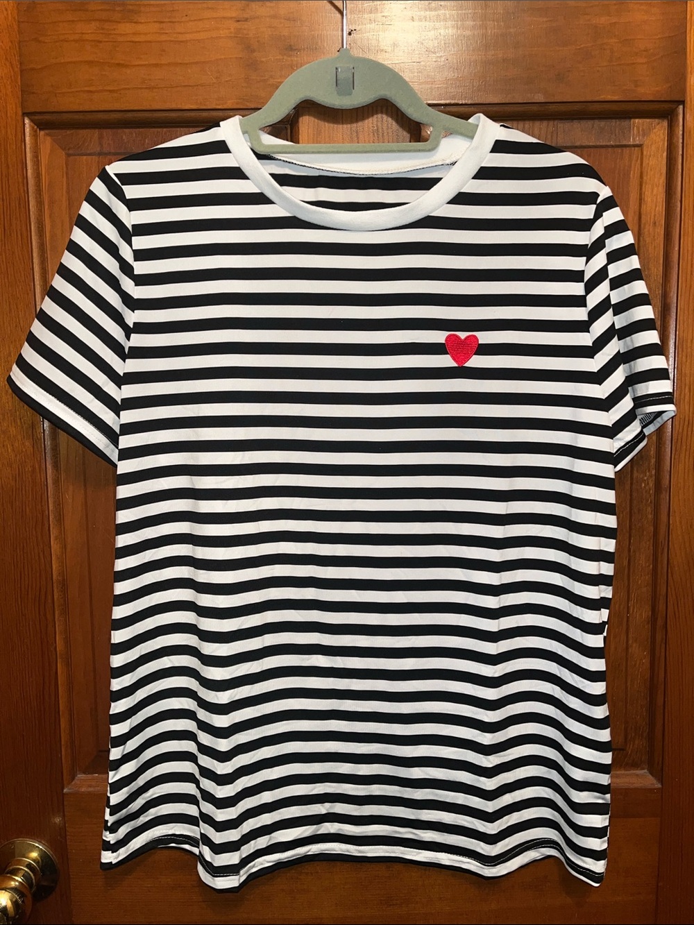 Striped Short Sleeve Top Red Embroidered Heart Top or Halloween Costume Size L